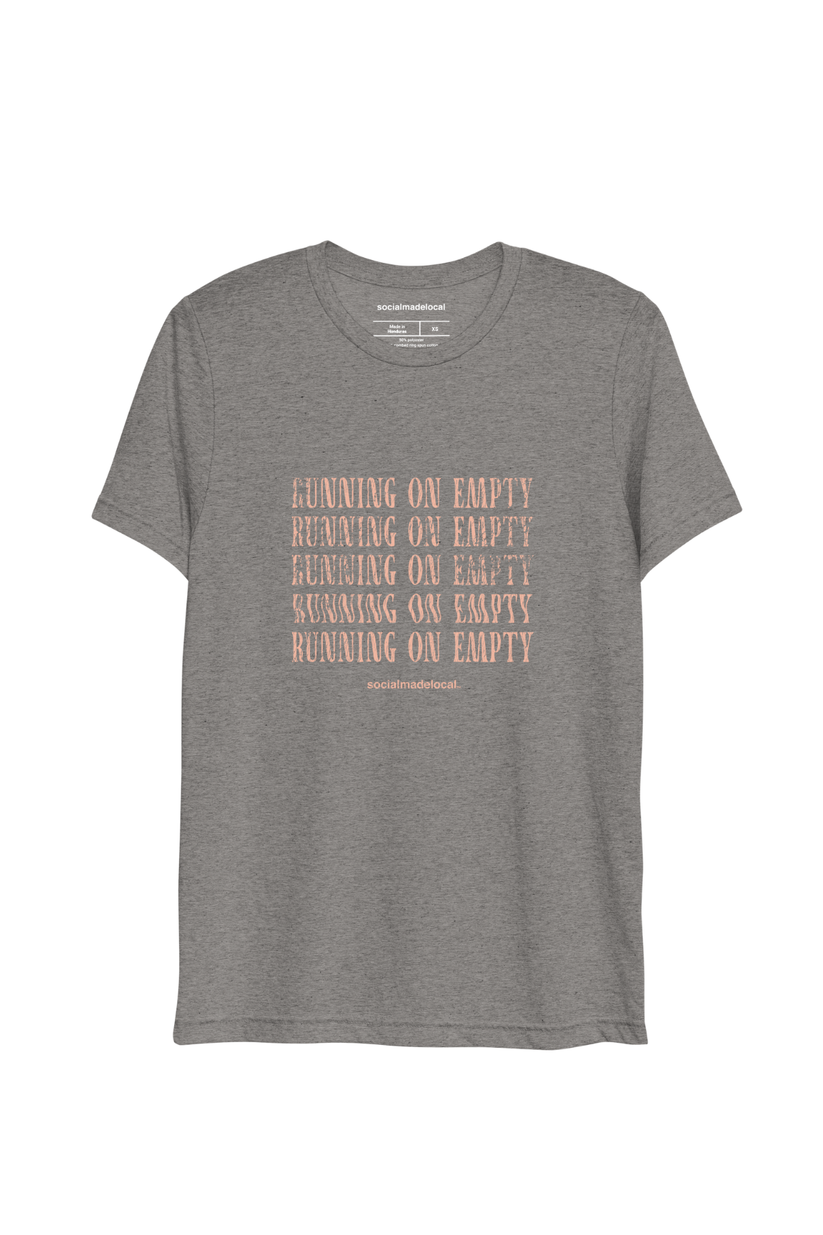 Gray t-shirt with text 'Running on Empty' printed in multiple lines on a white background